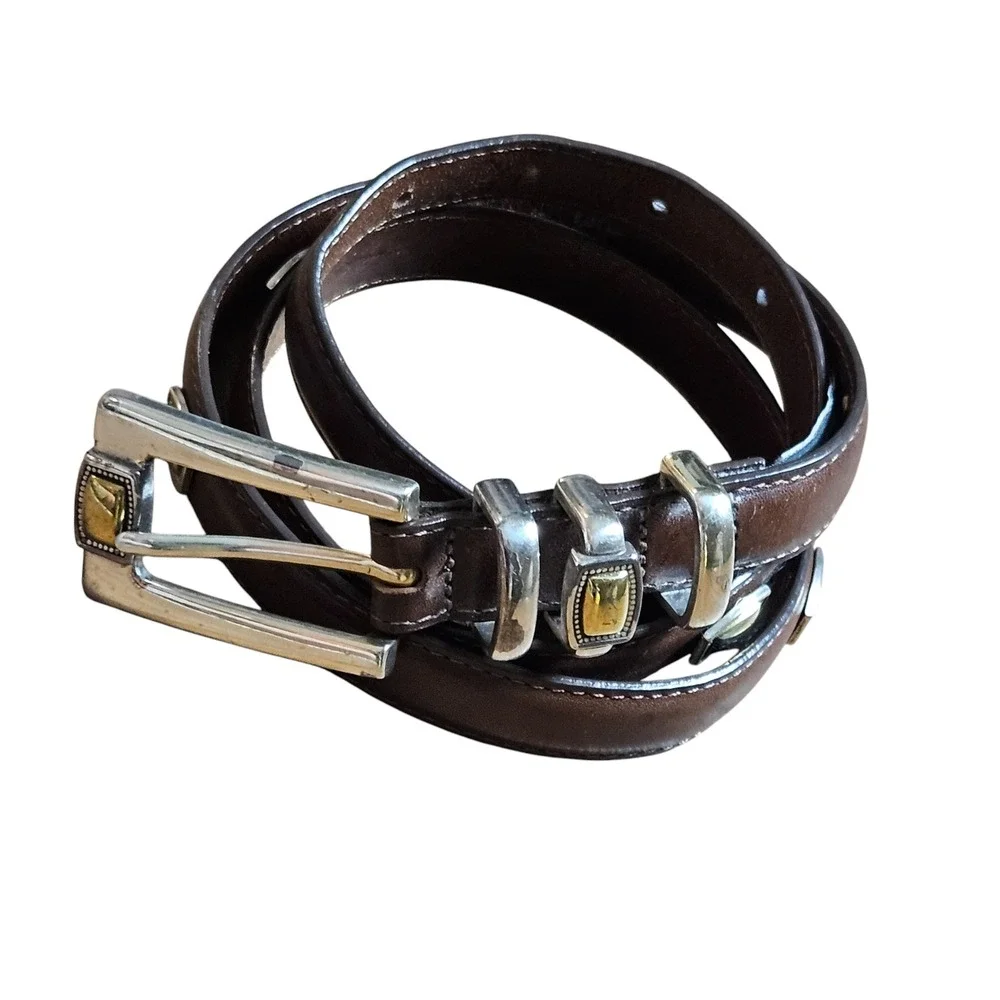 Brighton 4A308 Silver Gold Buckle Leather Western Belt Brown L/34 Boho Southwest